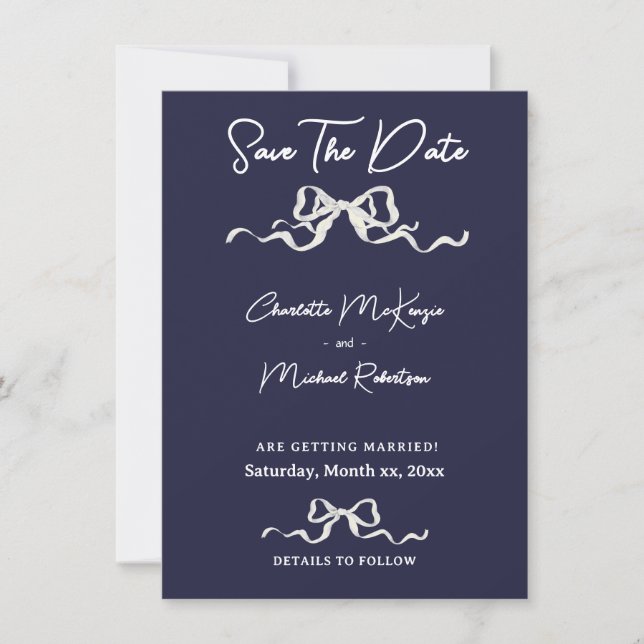 Reserve A Data Elegant Romantic Wedding Navy & White Ribbon & Bow (Frente)