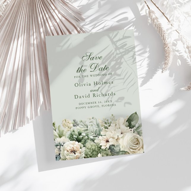 Reserve A Data Elegant Sage Green Floral Save The Date Card (Elegant Sage Green Floral Save The Date Card on a sunny table with boho dry botanicals)