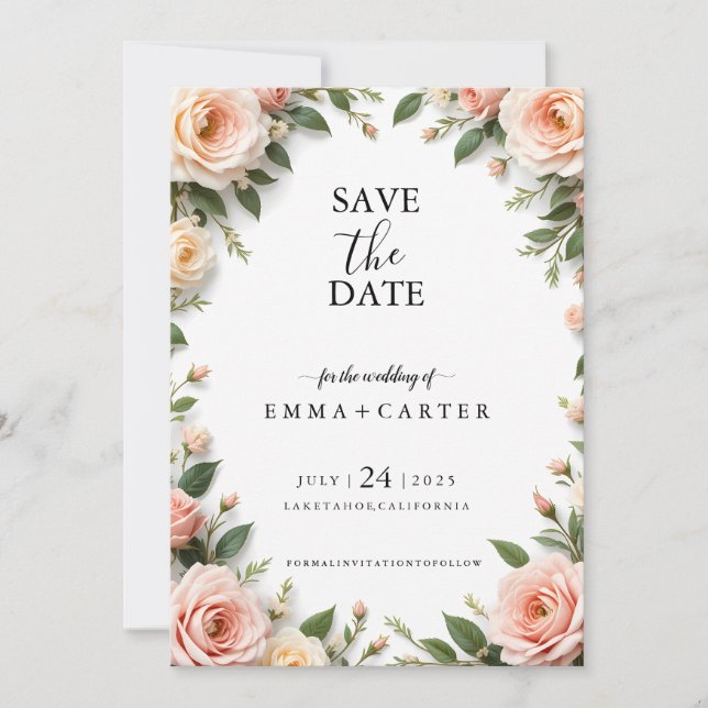 Reserve A Data Elegant Script Save the Date com Borda de Rosa Pas (Frente)