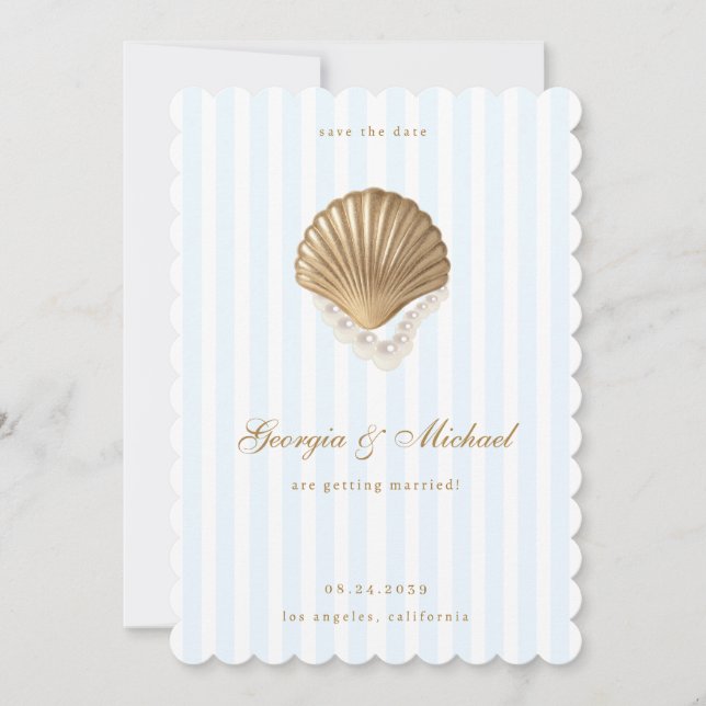 Reserve A Data Elegant Seashell Gold & Blue Coastal Wedding (Frente)