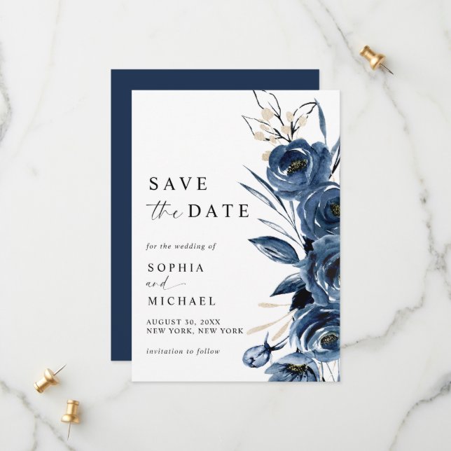 Reserve A Data Elegant Simple Navy Blue Watercolor Wedding  (Frente/Verso In Situ)
