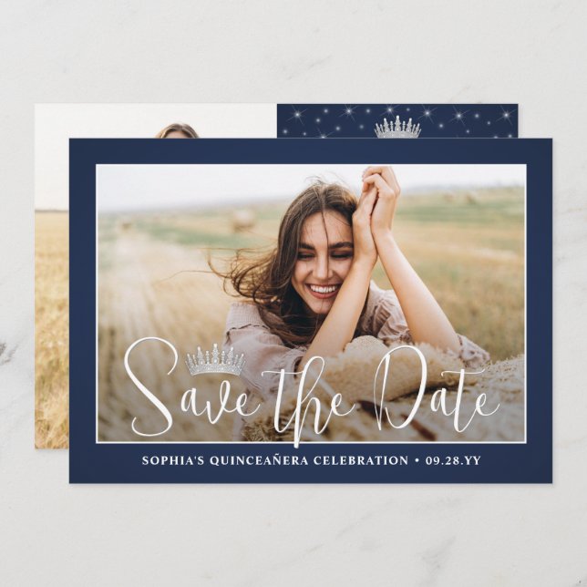 Reserve A Data Elegant Sparkles Quinceañera 2 Photo Navy Blue (Frente/Verso)