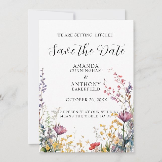 Reserve A Data Elegant Spring Wild Flowers Wedding Save the Date  (Frente)