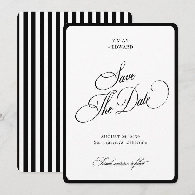 Reserve A Data Elegant Stripes Border Black & White Wedding (Frente/Verso)