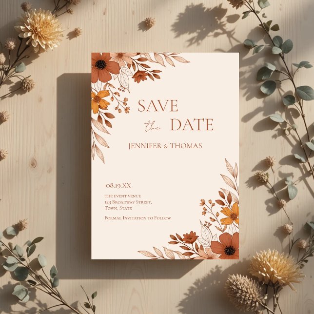 Reserve A Data Elegant Terracotta Floral Hand-Drawn Wedding (Elegant Terracotta Floral Hand-Drawn Wedding Save The Date)