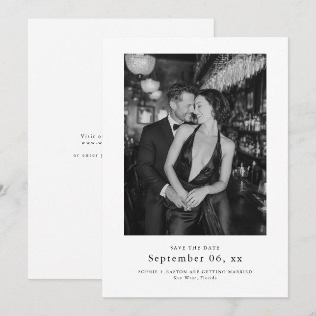 Reserve A Data Elegant Typography Black White Wedding Photo (Frente/Verso)