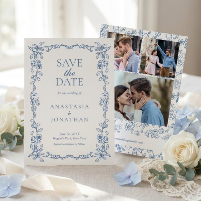 Reserve A Data Elegant Vintage Blue Photo Wedding (Criador carregado)