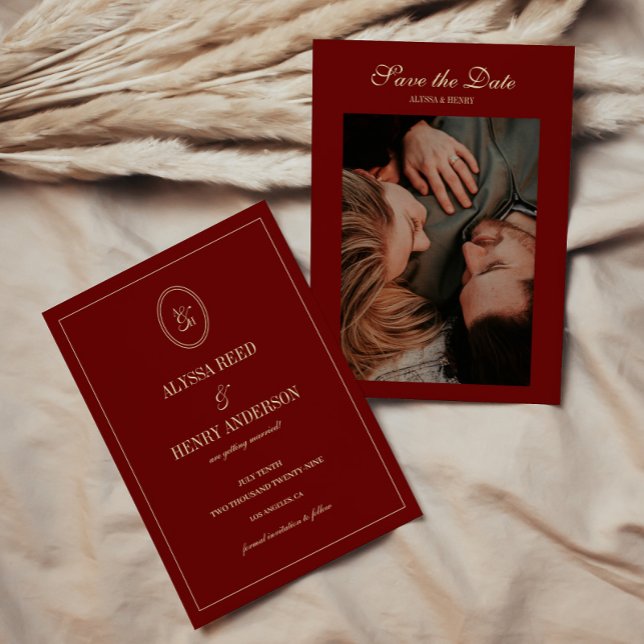 Reserve A Data Elegant Wine Red Monogram Script Wedding Photo (Criador carregado)