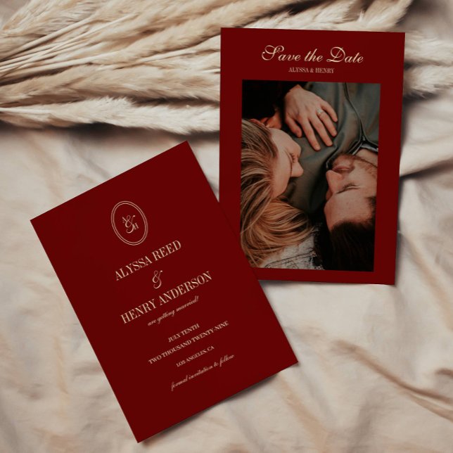 Reserve A Data Elegant Wine Red Monogram Script Wedding Photo (Criador carregado)