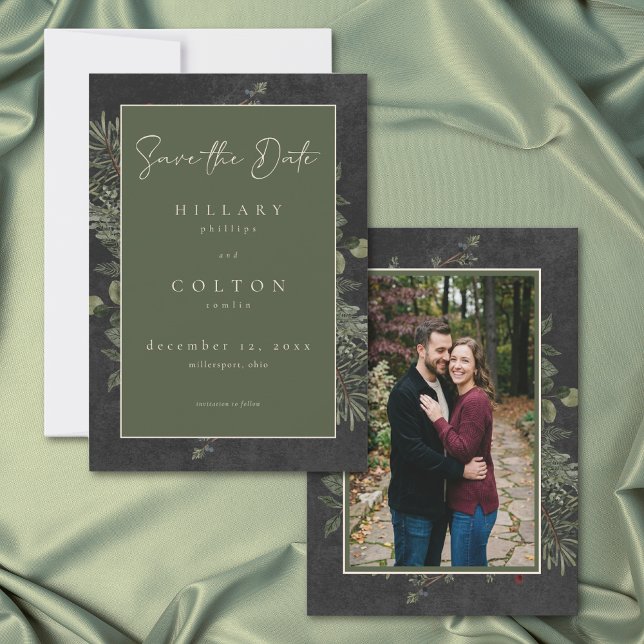 Reserve A Data Elegant Winter Berries Pine Black Wedding Photo (Elegant Winter Berries Pine Black Wedding Photo Save The Date)