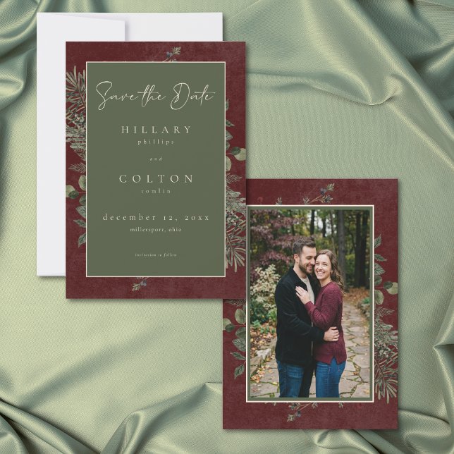 Reserve A Data Elegant Winter Berries Pine Burgundy Wedding Photo (Elegant Winter Berries Pine Burgundy Wedding Photo Save The Date)