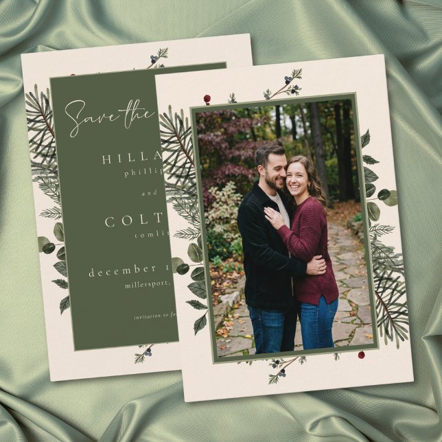 Reserve A Data Elegant Winter Berries Pine Ivory Wedding Photo (Elegant Winter Berries Pine Ivory Wedding Photo Save The Date)