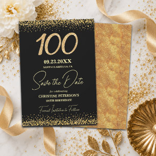 Reserve A Data Elegante 100º Aniversário Preto Dourado Brilho