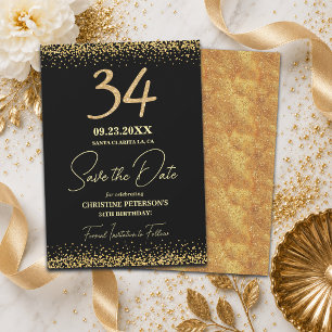 Reserve A Data Elegante 34º Aniversário Preto Dourado Brilho