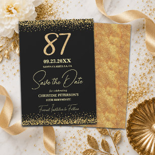 Reserve A Data Elegante 87º Aniversário Preto Dourado Brilho
