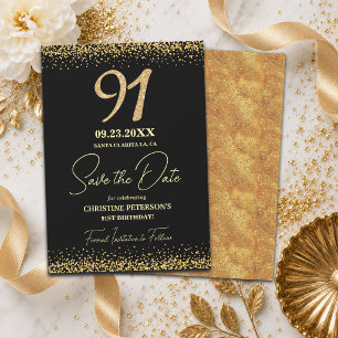 Reserve A Data Elegante 91º Aniversário Preto Dourado Brilho