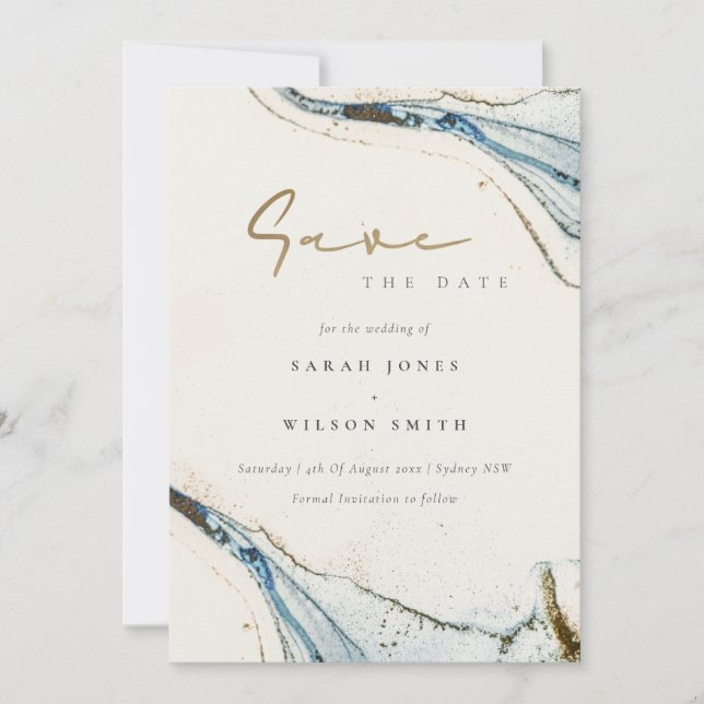 Reserve A Data Elegante Abstrato aquarela Azul Dourado Beachy (Frente)