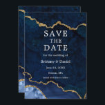 Reserve A Data Elegante Aquarela em Azul e Ouro Geodo de Ágata<br><div class="desc">Moderno Cartão de Save The Date de Geodo de Ágata em Mármore Azul e Ouro com Aquarela Elegante</div>