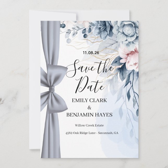 Reserve A Data Elegante Arco de Casamento em Azul Poeirento (Frente)
