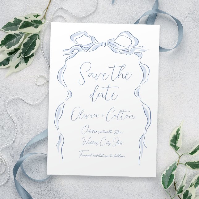 Reserve A Data Elegante Arco De Mão Azul Empoeirado Salvar A Data (Elegant Dusty Blue Hand Drawn Bow Save The Date)