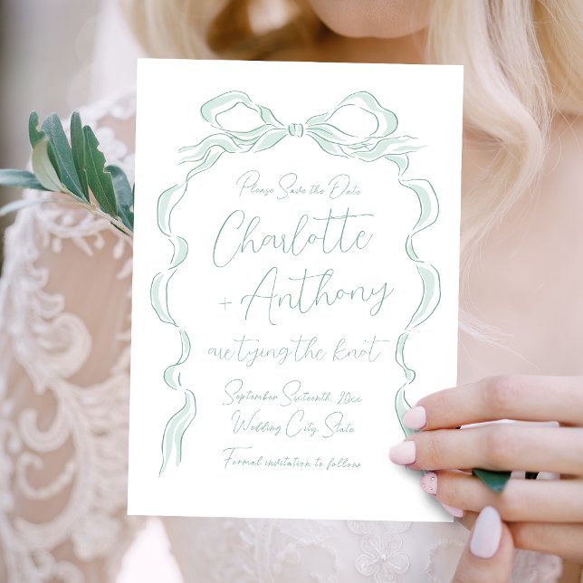 Reserve A Data Elegante Arco Desenhado à Mão em Verde Claro (Elegant Light Green Hand Drawn Bow Save The Date)