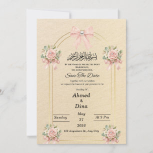 Reserve A Data Elegante Arco Islâmico Dourado com Floral Rosa Pér