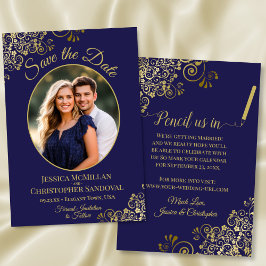 Reserve A Data Elegante Azul Marinho & Dourado Oval Foto Casament