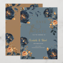 Elegante Azul Marinho Flores Douradas Salve A Data
