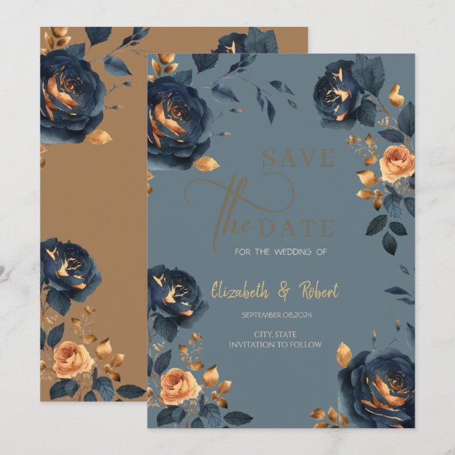 Reserve A Data Elegante Azul Marinho Flores Douradas Salve A Data (Frente/Verso)
