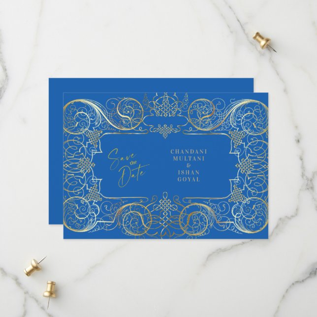 Reserve A Data Elegante Azul Real Dourado Casamento Salve A Data (Frente/Verso In Situ)