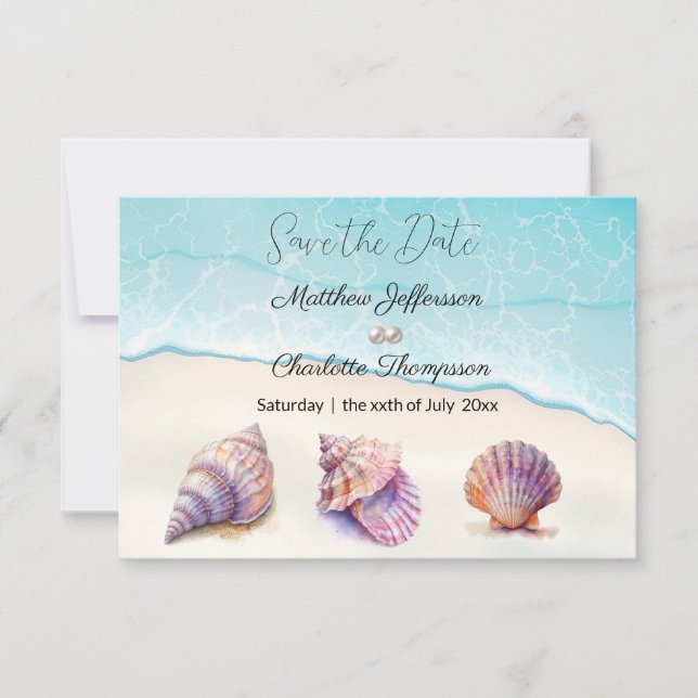 Reserve A Data Elegante Beach Wedding Seashells Pearls Náutico (Frente)