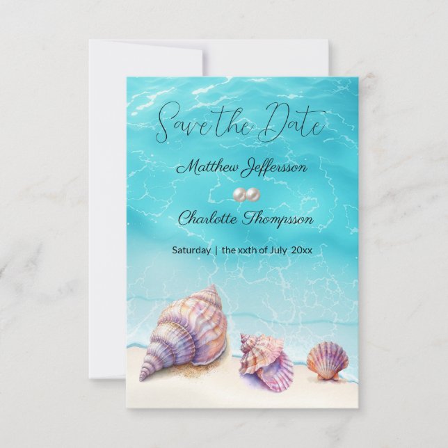 Reserve A Data Elegante Beach Wedding Seashells Pearls Náutico (Frente)