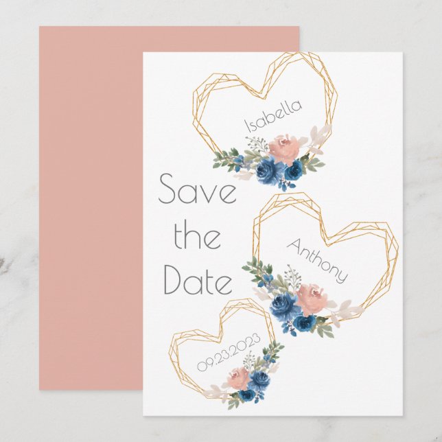 Reserve A Data Elegante Blue Dourado Heart Floral Names Salvação  (Frente/Verso)
