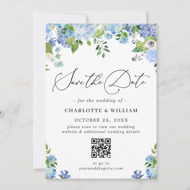 Reserve A Data Elegante Blue Hydrangea Greenery Foto Casamento QR (Frente)
