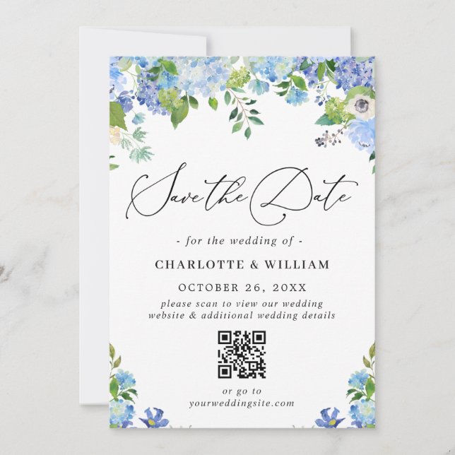 Reserve A Data Elegante Blue Hydrangea Greenery Foto Casamento QR (Frente)