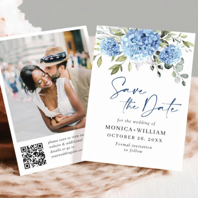 Reserve A Data Elegante Blue Hydrangea Wedding Código QR Foto (Criador carregado)