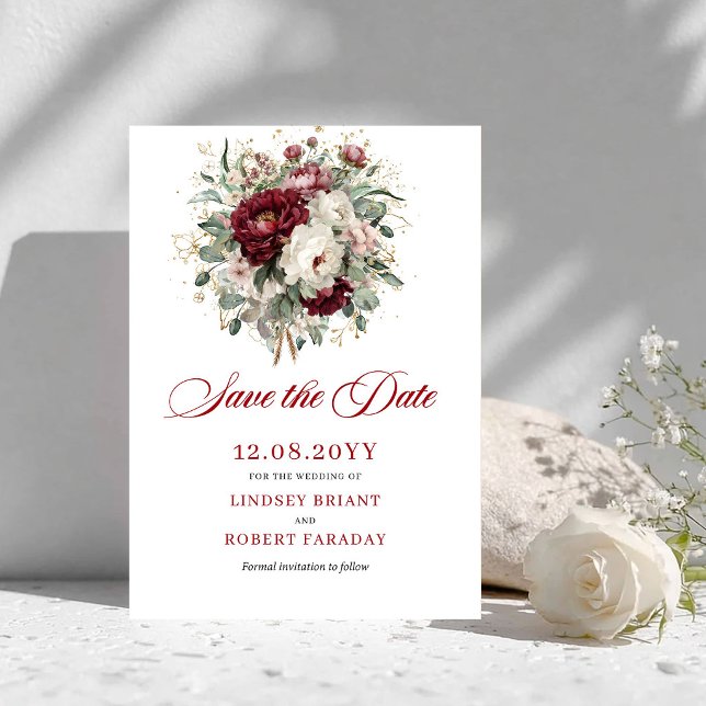 Reserve A Data Elegante Blush Burgundy Vegetação Salve a Data (Stylish Blush Burgundy Greenery Save The Date)