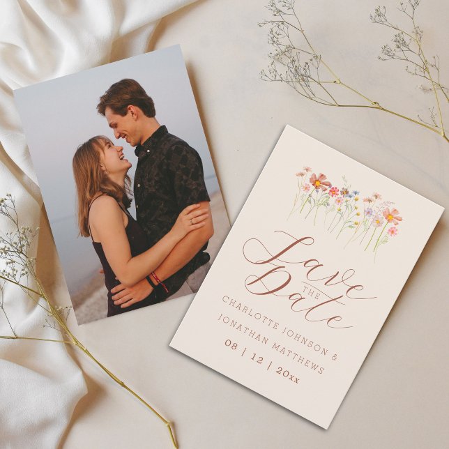 Reserve A Data Elegante Boho Bege Foto Casamento de Flores Silves (Boho chic watercolor wildflower meadow photo wedding save the date card)