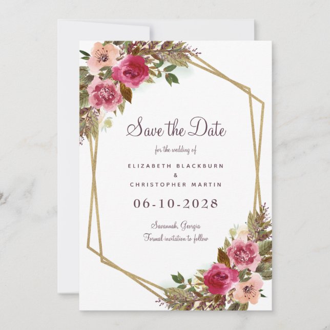 Reserve A Data Elegante Botânica Flora Casamento Verde Roxo (Frente)