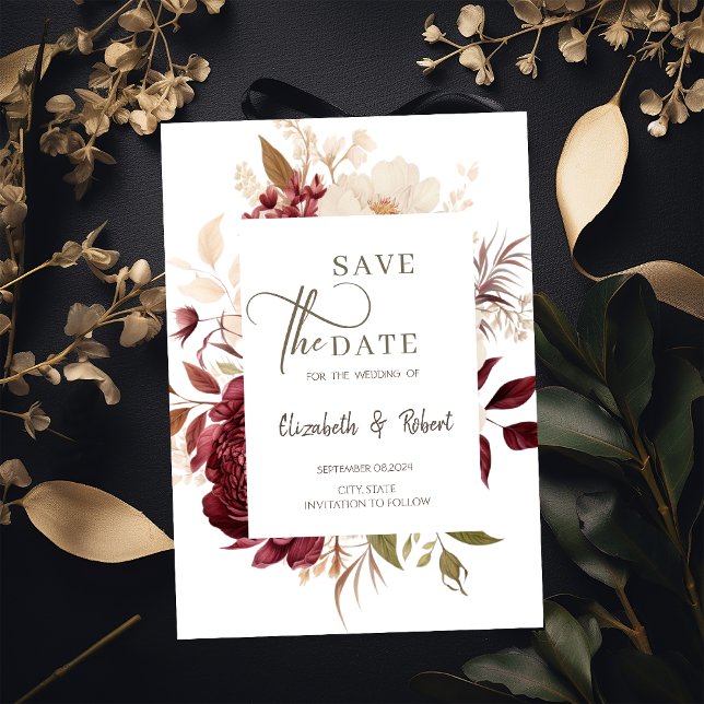 Reserve A Data Elegante Burgundy Chic  Flores Salve a Data (Criador carregado)