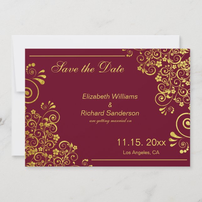 Reserve A Data Elegante Burgundy Dourado Salve a Data Casamento (Frente)