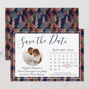 Reserve A Data Elegante Calendário de Casamento de Praia com Folh