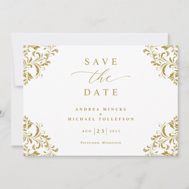 Reserve A Data Elegante Casamento Clássico Dourado Vintage (Frente)