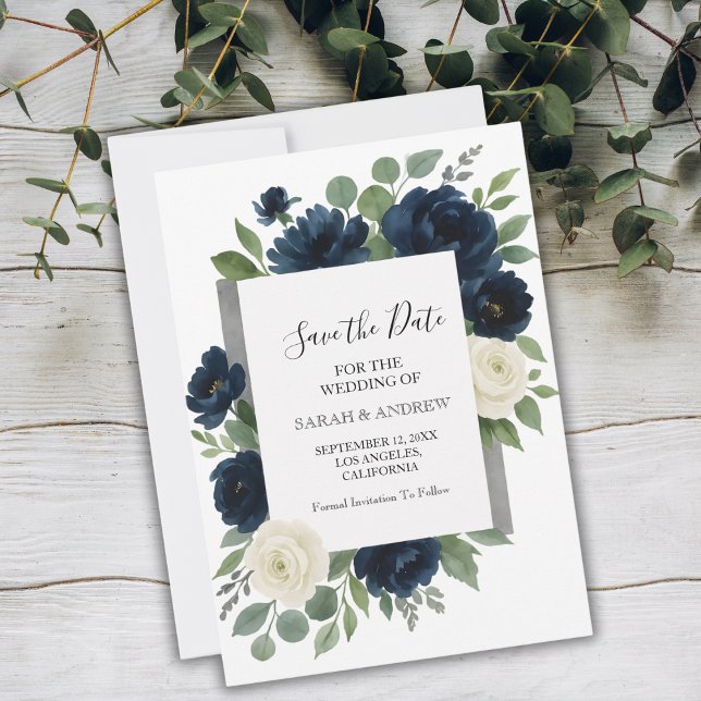 Reserve A Data Elegante Casamento Floral em Azul Naval e Marfim (Elegant Navy Blue & Ivory Floral Wedding Save The Date)