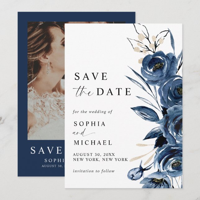 Reserve A Data Elegante Casamento Moderno em Azul Marinho com Flo (Frente/Verso)