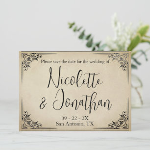 Reserve A Data Elegante Casamento Vintage em Pergaminho Bege Desb