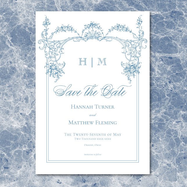 Reserve A Data Elegante Casamento Vitoriano em Azul Francês com C (Elegant French Blue Victorian Chinoiserie Wedding Save The Date)