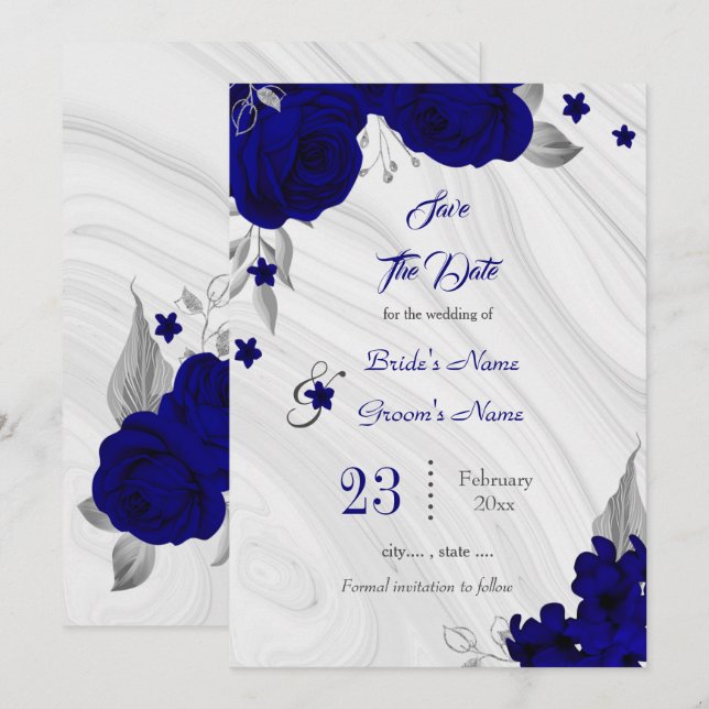 Reserve A Data elegante cinza azul-prata floral (Frente/Verso)