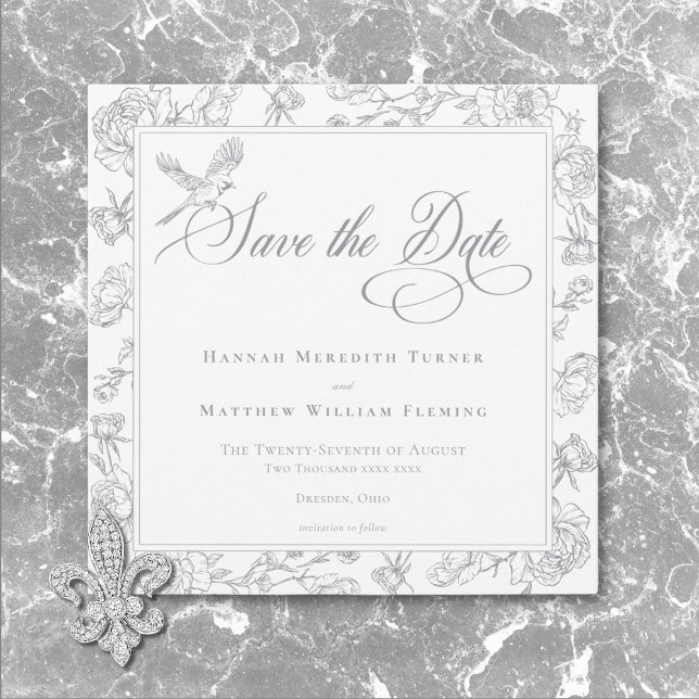 Reserve A Data Elegante Cinza Casamento com Crista e Pássaro em C (Elegant Gray Chinoiserie Bird & Crest Wedding Save The Date)