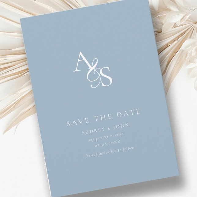 Reserve A Data Elegante, Clássico, Monograma, Azul-Pó, Casamento (Elegant, classic, monogram, powder-blue, Save the Date Card. Print + Download available.)